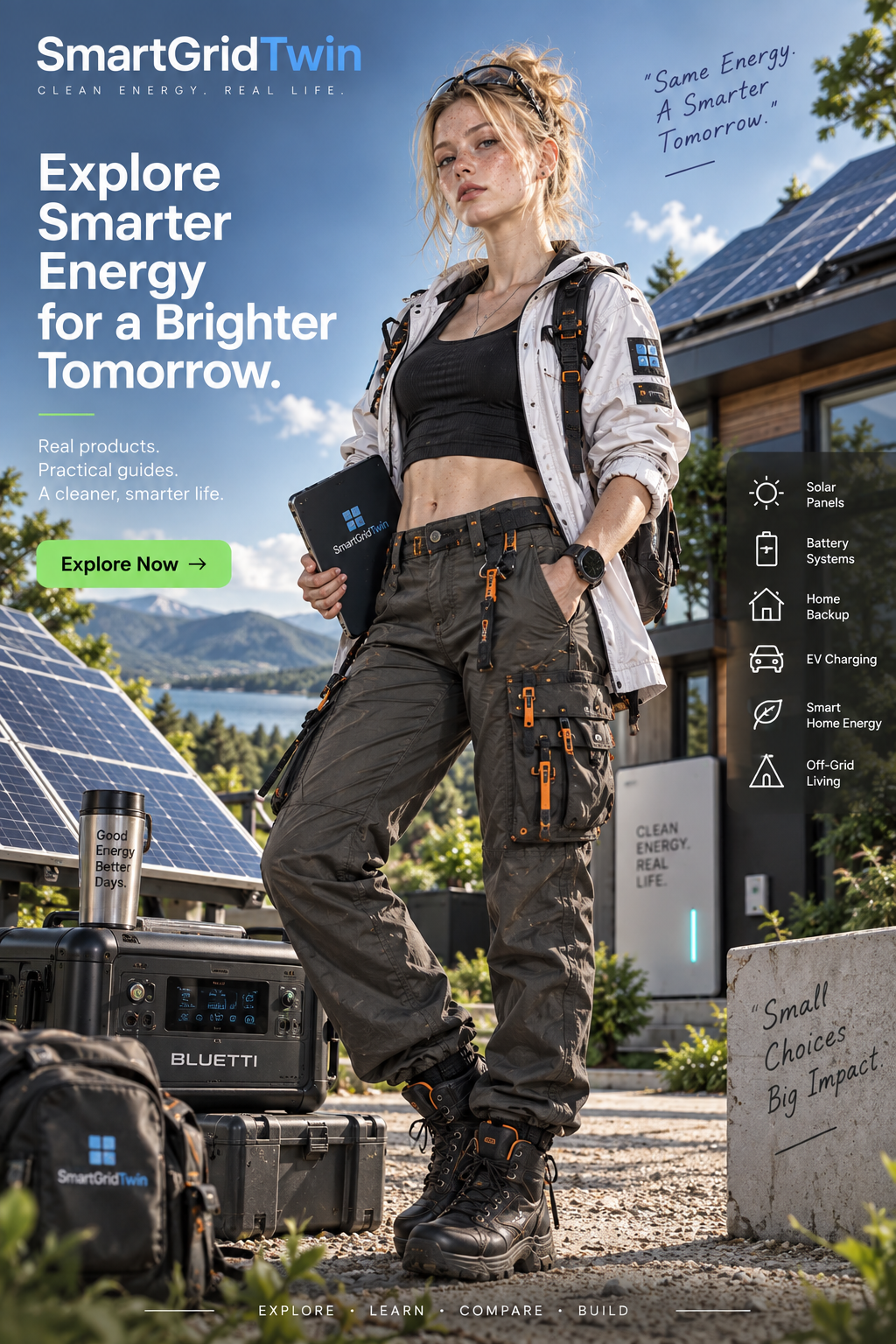 SmartGridTwin engineer standing beside solar panels and home energy equipment